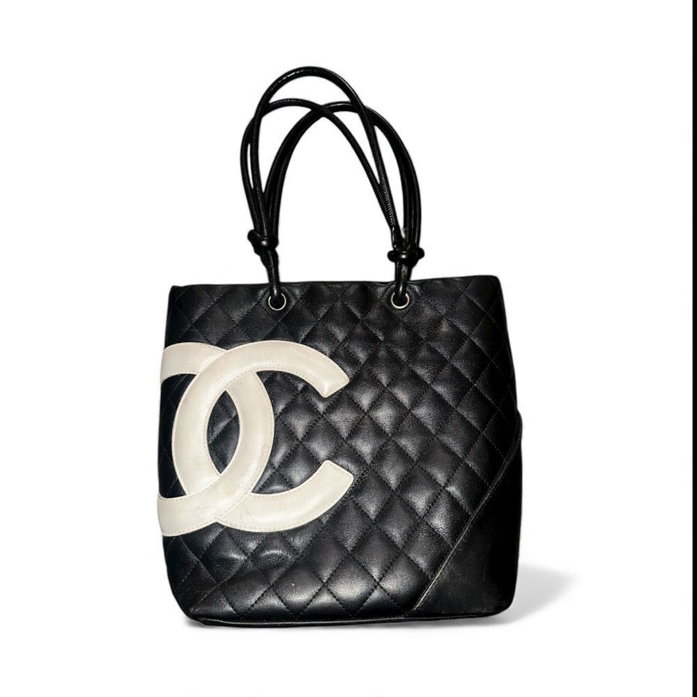 CHANEL Cambon Black and Cream Quilted Tote with pink interior